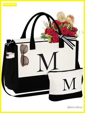 Initial Canvas Tote Bag with Makeup Bag - Monogrammed Tote for Beach or Travel